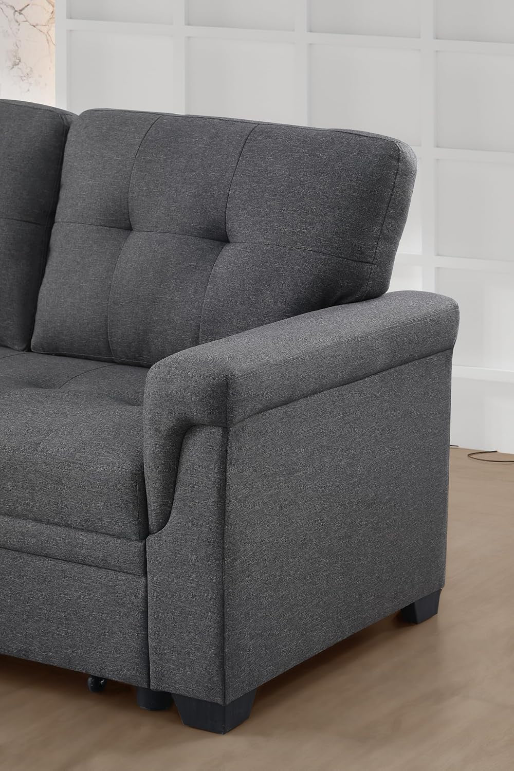 83-Inch Pull Out Sleeper Couch Bed, L-Shaped Reversible Sleeper Sectional Sofa Linen Blend Tufted Upholstered Corner Convertible Sofa Bed with Storage Chaise