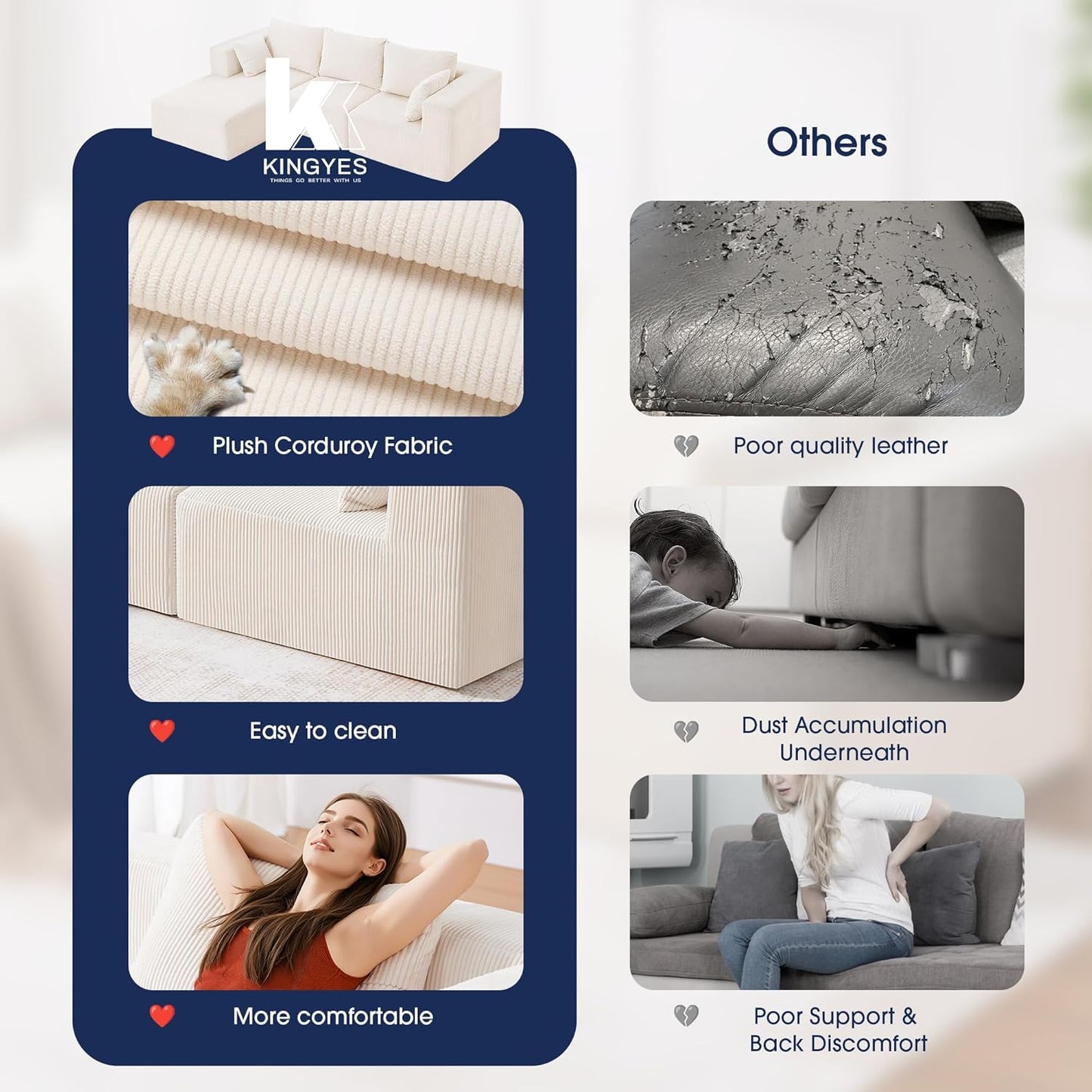 107'' Modular Sectional Sofa, L Shaped Cloud Couch for Living Room, Modern Boneless Sofa with Chaise for Bedroom, Beige