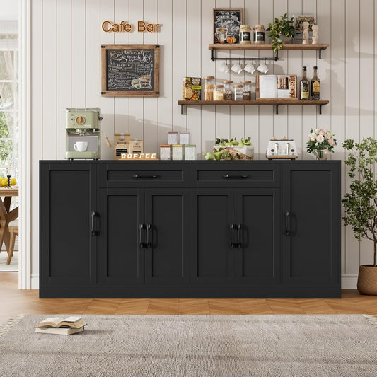 71” Large Buffet Cabinet with Storage, Sideboard Buffet Cabinet with Adjustable Shelves and 6 Soft-Close Doors, Wood Coffee Bar Console Table for Kitchen, Dining Room, Black
