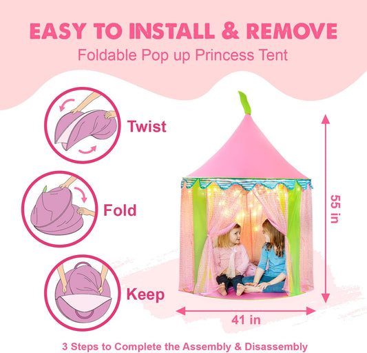 Princess-Tent with Star Lights & Carry Case, Pop up Play-Tent, Princess Castle Indoor Playhouse, Foldable Kids Play Tent Outdoor, Toddler-Tent for Girls