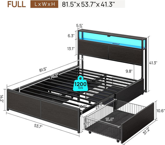 Full Size Bed Frame with 4 Storage Drawers, Charging Station and LED Lights, Metal Platform Bed with 2-Tier Storage Headboard, No Box Spring Needed, Easy Assembly, Noise-Free, Black