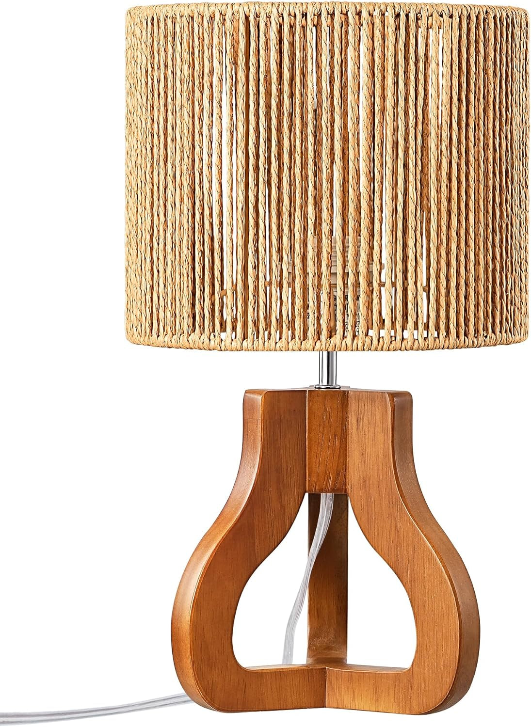 Small Table Lamp, Rose Wood Tripod Nightstand Lamp, Handwoven Paper Rope Shade, 14.6" Rattan Bedside Lamp for Bedroom Living Room, Office, On-Off Line Switch, E26 Base(Bulb Not Included)