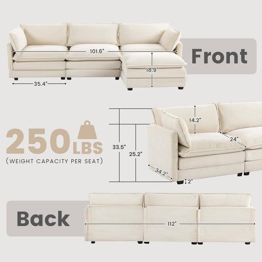Oversized Modular Sectional Sofa with Movable Ottoman, 112 Inch 4 Seat Modern Corduroy Sofa Set, Convertible L Shaped Couch for Living Room and Office, Beige