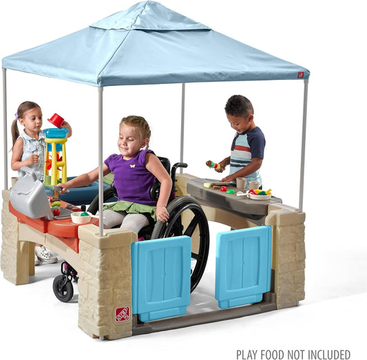All around Playtime Patio with Canopy Playset – Shaded Outdoor Playhouse for Kids with Realistic, Interactive Features, Room for Multiple Toddlers to Play – Dimensions: 60" H X 47.5" W X 47.5" D