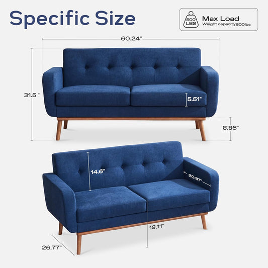 Living Room Set, Button Tufted Living Room Furniture Sets, Upholstered Modern Couch Set with Solid Frame, Sofa Set for Living Room (Dark Blue, 3 Piece Set-1*Loveseat+2*Chair)