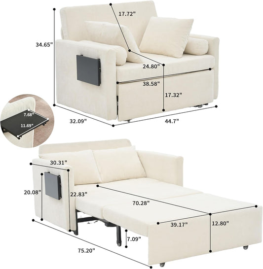 45" Oversize 3-In-1 Sleeper Chair, 75" Long Pull-Out Sleeper Sofa Bed with Wing Table and Side Pocket for Living Room, Bedroom, Small Space, Beige