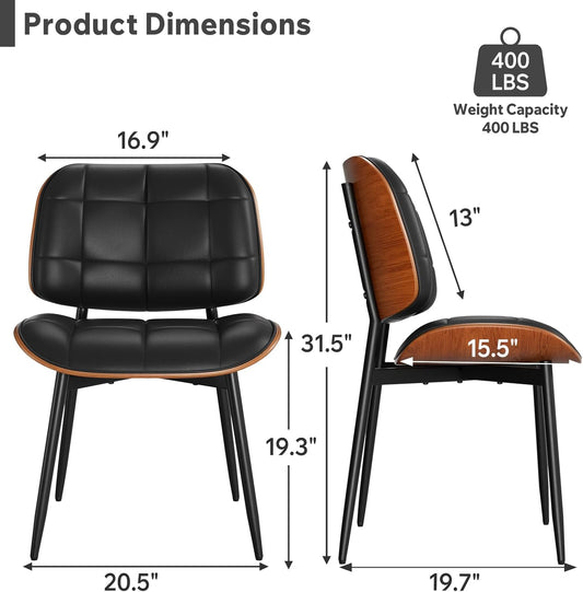 Dining Chairs Set of 4, Black Mid Century Modern Dining Room Chair, Upholstered Faux Leather Kitchen Chairs with Thick Cushion and Walnut Bentwood Back for Kitchen Dining Room, Black