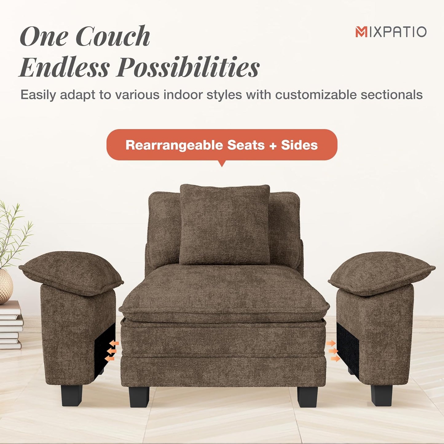 123-Inch L Shaped Sectional Sofa with Cloud Cushions, Deep Seat Modular Couch Set W/ 4 Seats & 1 Ottomans, Removable Arms, Plush Chenille Upholstery for Living Room, Apartment - Taupe