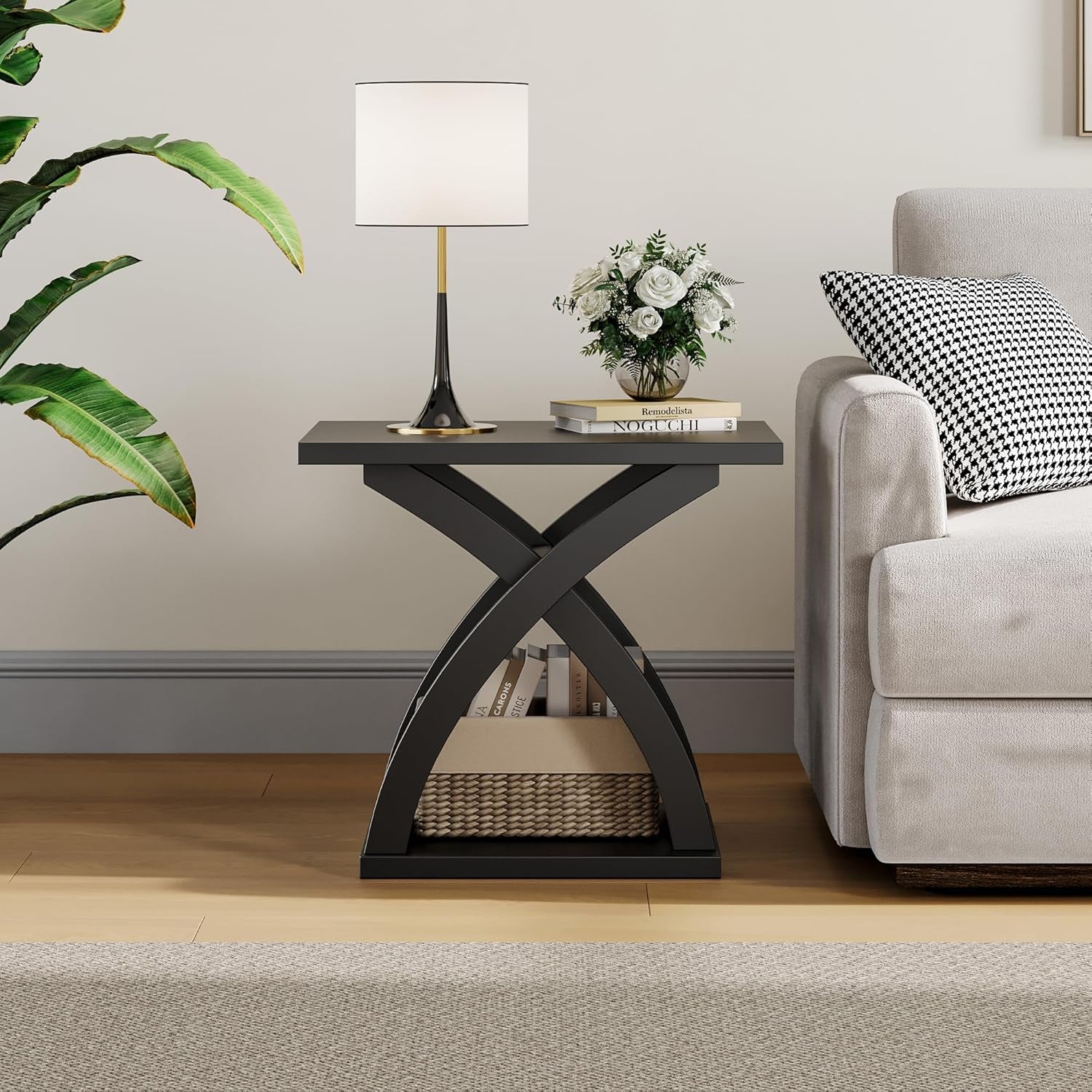 End Side Table Set of 2, Modern End Table with Storage Shelf, X-Design Side Table Living Room