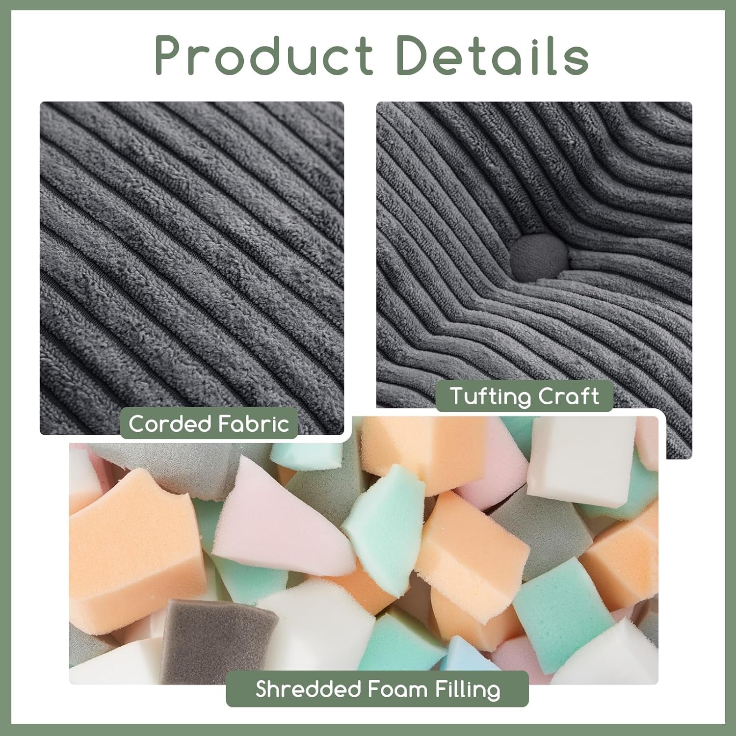 Square Stuffed Pouf Ottoman, Corduroy Poufs with Foam Chunk Filling, Furry and Fluffy Pouf Foot Stool Storage Ottoman, 21 X 21 Floor Poufs Foot Rest for Living Room, Dark Grey