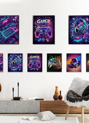 Game Room Canvas Wall Art Set - 16x12 Inch Framed 3-Piece Collection with 6 Additional 8x10 Posters, Neon Gaming Theme Decor for Boys and Youth Bedrooms