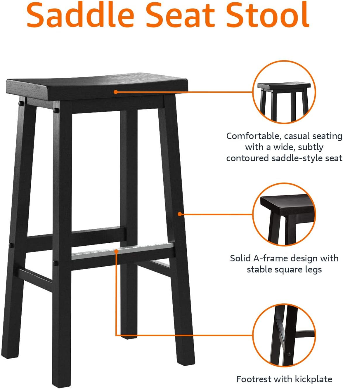 Solid Wood Saddle-Seat Kitchen Counter Barstool with Footrest, Easy Assembly - 29-Inch Height - Black - Set of 2