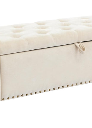 51-Inch Beige Chenille Upholstered Storage Ottoman Bench for Bedroom and Living Room