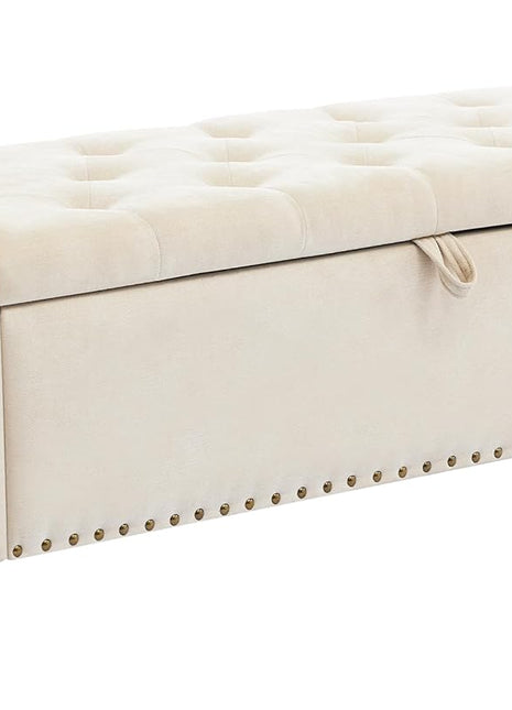 51-Inch Beige Chenille Upholstered Storage Ottoman Bench for Bedroom and Living Room
