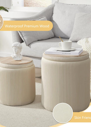 Set of 2 Beige Velvet Round Ottomans with Storage – Elegant Vanity Stools for Bedroom and Living Room