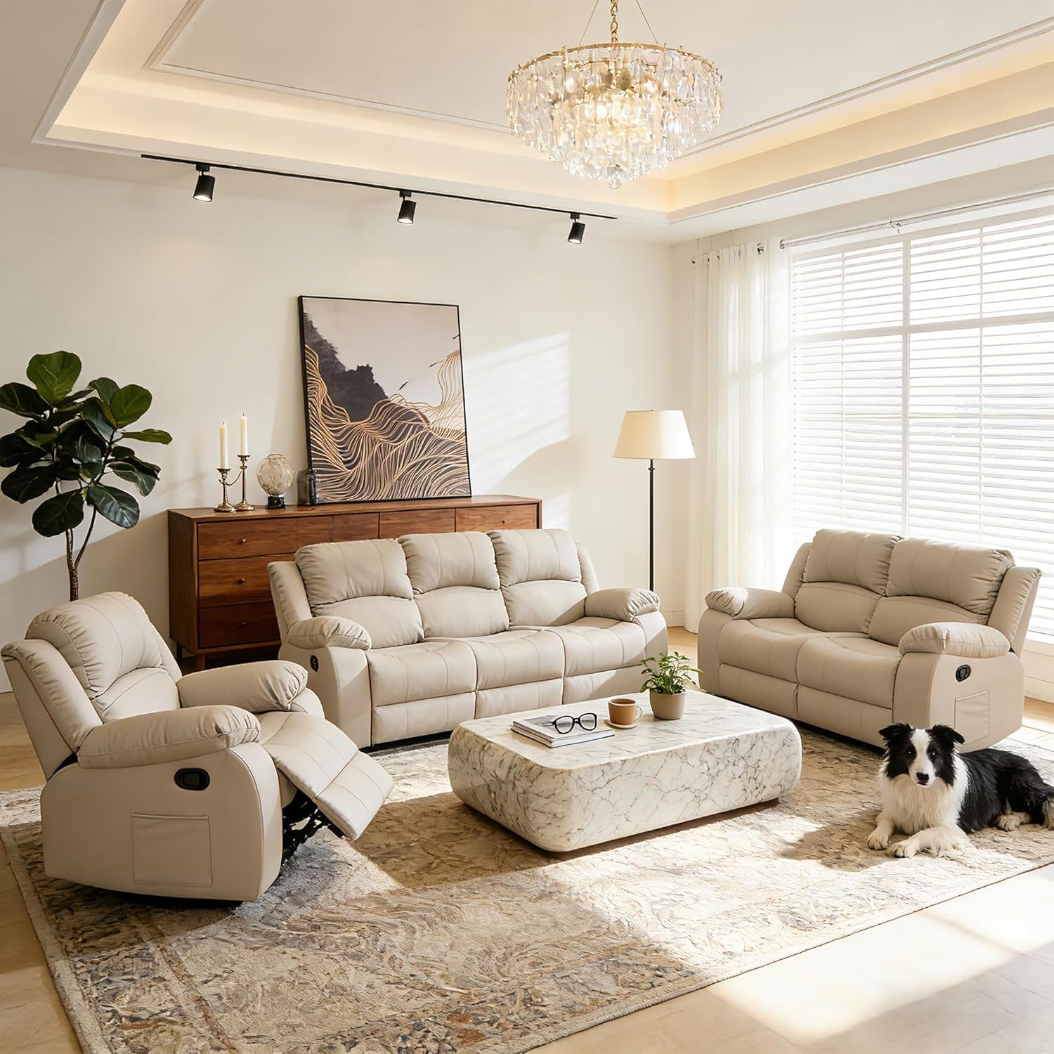 Manual Recliner Sofa, 3 Seater Reclining Couch with Side Pocket for Living Room, RV, Home Theater(3 Seat,Beige)