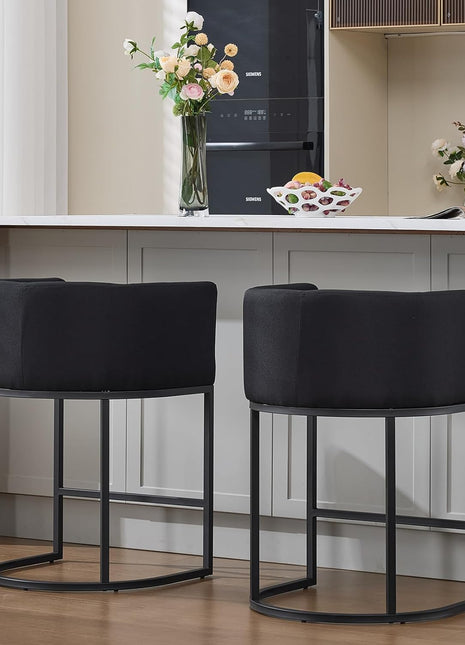 Set of 2 Black Counter Height Barrel Bar Stools with Curved Back and Linen Upholstery for Kitchen Island, Dining Room, Cafe, and Pub