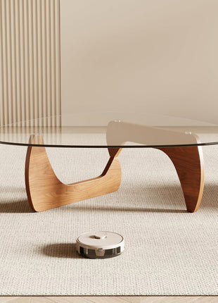 Contemporary Triangle Coffee Table with Tempered Glass Top and Natural Wood Finish, 42.5" x 28.5" x 16.1" for Living Room