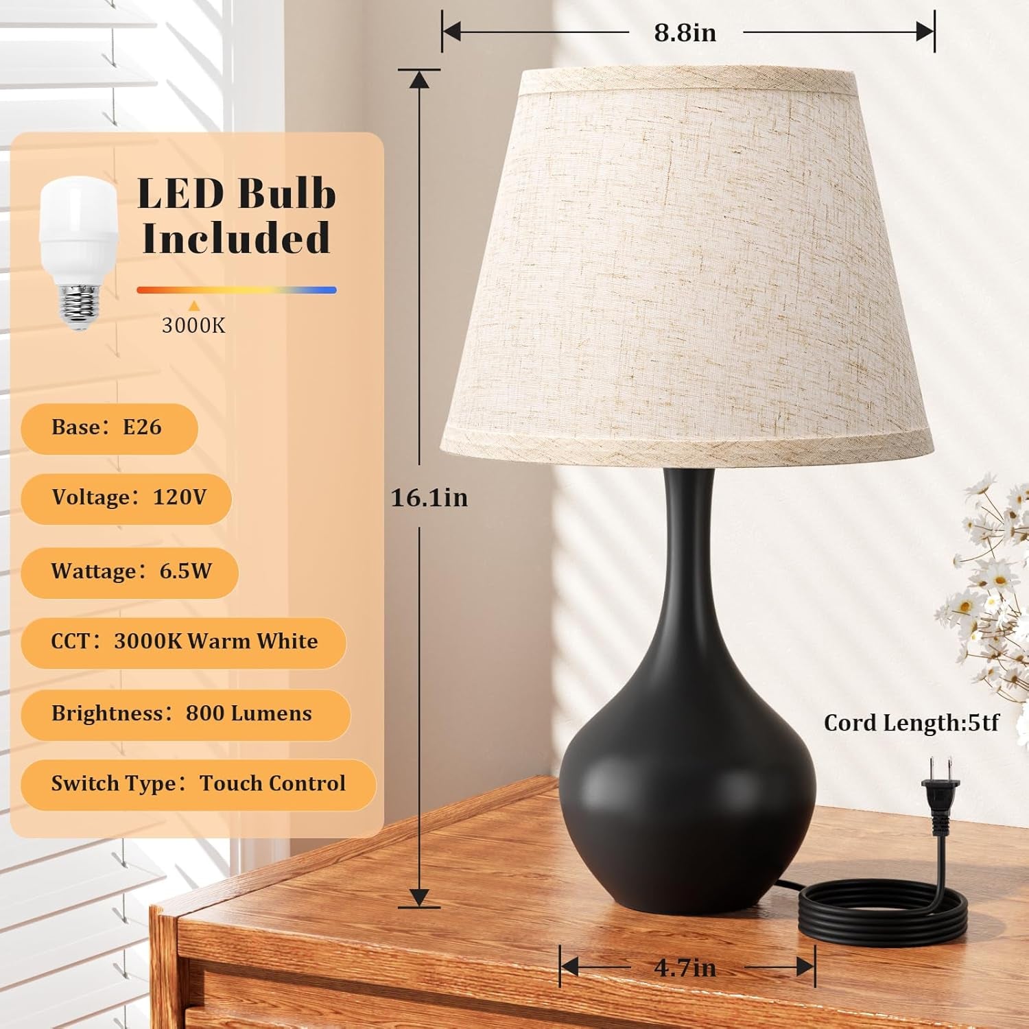 16.1" Touch Table Lamps for Nightstand, 3-Way Dimmable Small Bedroom Lamps for Night Stands, Black Bedside Lamps for Living Room, Kids Room, End Table