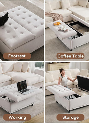 Oversized Tufted Upholstered Square Storage Ottoman Bench with Lift Top and Solid Wood Legs, Ideal Coffee Table for Living Room (Beige)