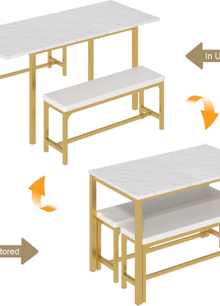 63" Extendable 3-Piece Kitchen Table Set with Benches and Chairs, Modern Dining Solution for 4 to 6, Space-Saving Design, Easy Assembly