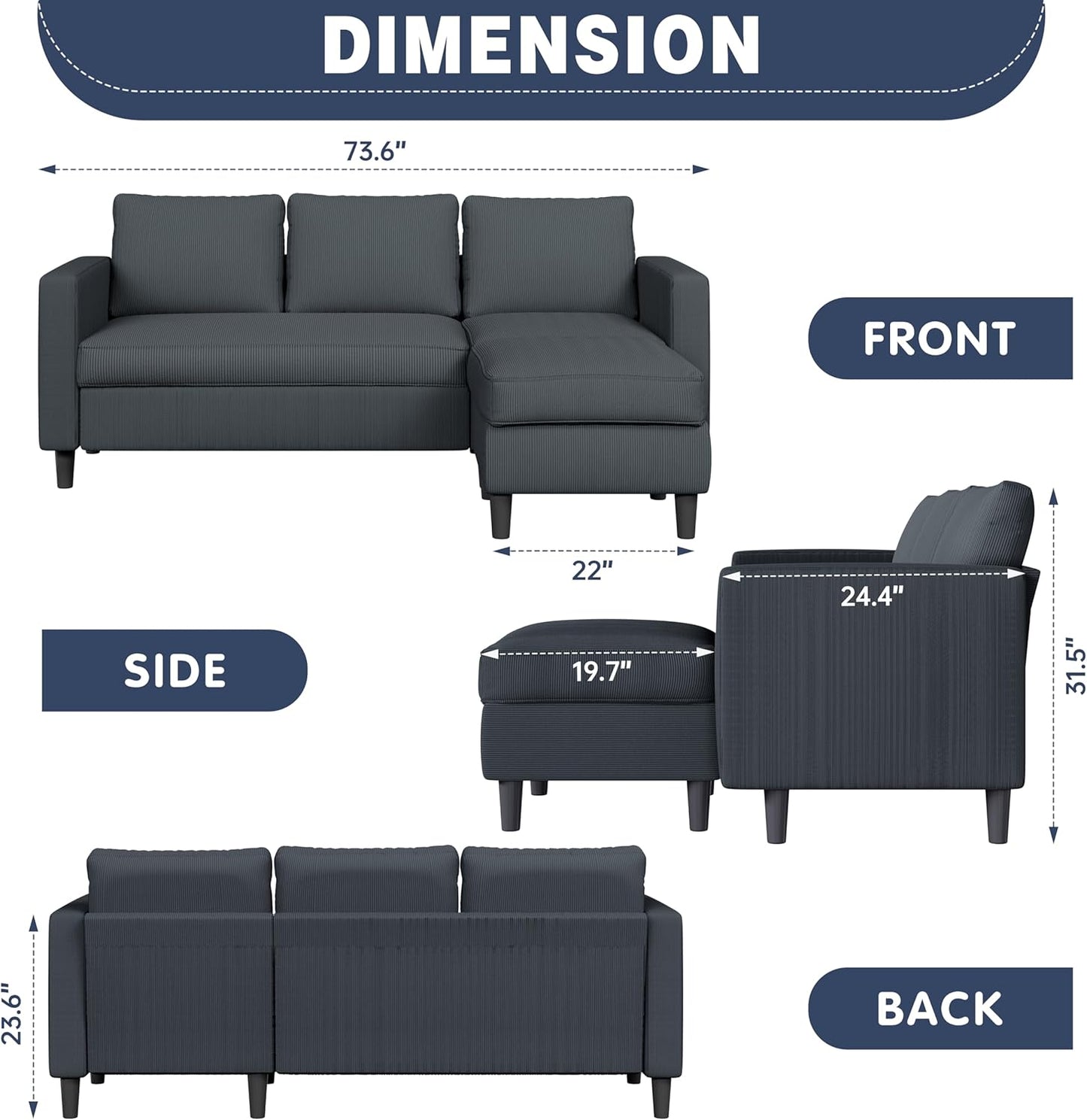 Small Sectional Sofa Couches,L Shape Convertible Sofa with Ottoman,3 Seat Comfy Corduroy Upholstered Sofa Couch,Small Couch for Apartment,Living Room and Office(Dark Grey)