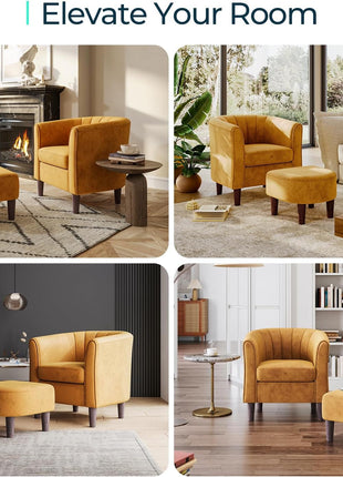 Contemporary Velvet Accent Chair with Ottoman - Elegant Barrel Armchair for Living Room, Bedroom, and Reading Nook in Yellow
