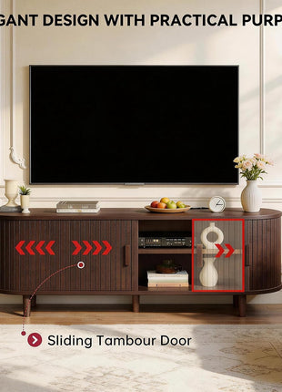 65-Inch Mid-Century Modern TV Stand with Power Outlet, Fluted Entertainment Center with Storage and Adjustable Shelves, Wood TV Console with Sliding Doors in Walnut Finish