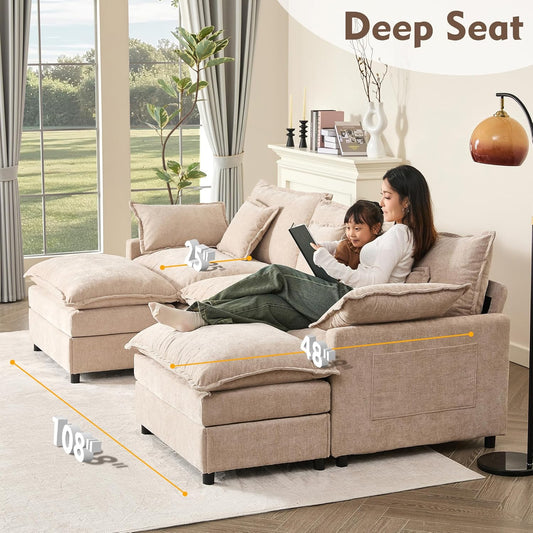 108" U Shaped Couch, Modular Sectional Sofa, 3-Seater Comfy Cloud Couch, Set of Modular Pieces with Movable Ottoman, Deep Seat Couches for Living Room, Chenille, Flat White