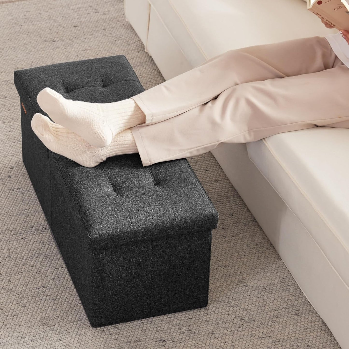 31.5 Inches Ottoman with Storage, Folding Ottoman Bench Small Foot Rest Stool, Bedroom Bench with Flipping Lid, Linen Black