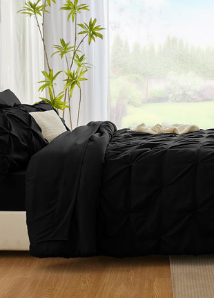 7-Piece Queen Comforter Set in Black - Premium Pintuck Bedding Set with Comforter, Sheets, Pillowcases, and Shams