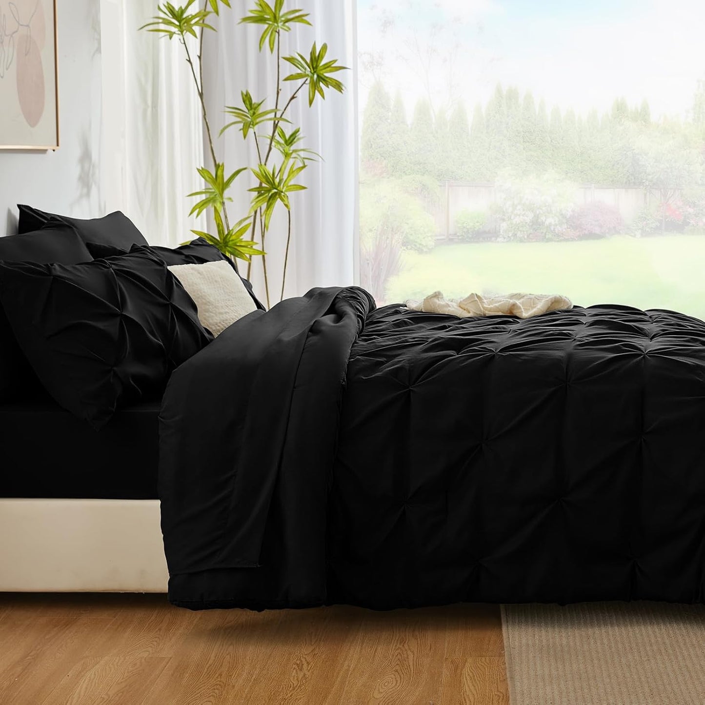 Queen Comforter Set Black, 7 Pieces Pintuck Bed in a Bag, Premium Black Comforter Queen Size, Pinch Pleat Bedding Sets with Comforter, Sheets, Pillowcases & Shams
