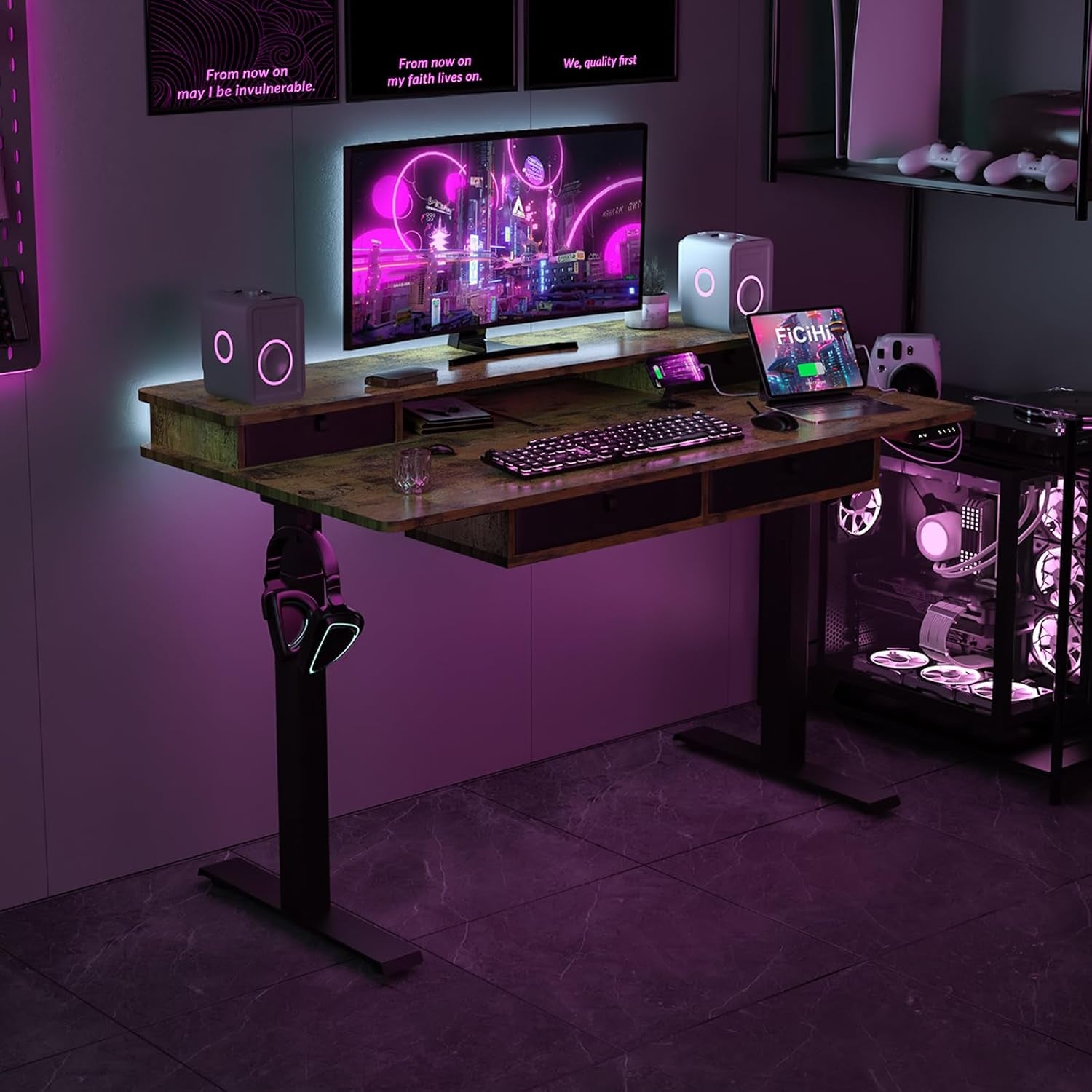 Adjustable Height Standing Desk with 4 Drawers,55 X 30 Inches Electric Sit Stand Home Office Desk with Two Tiers, 3 Memory Presets, Monitor Stand Riser, USB A/C Charging Port