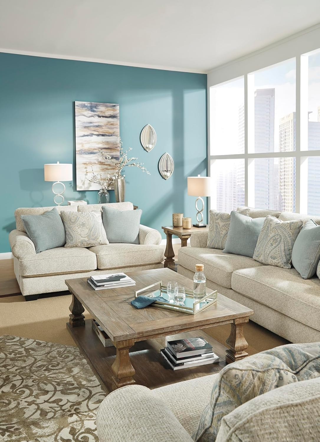 Monaghan Vintage Loveseat with Accent Pillows, Reversible Cushions and Rolled Arms, Beige