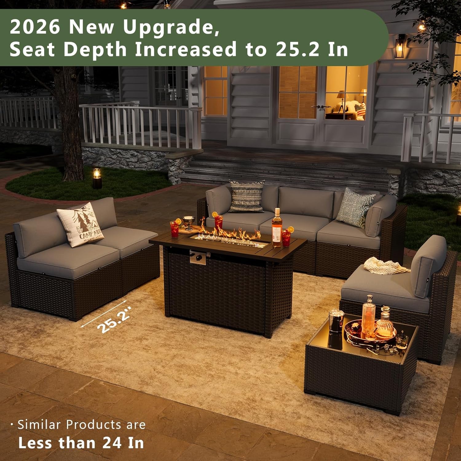 8 Piece Patio Furniture Set with 44” Fire Pit Table Wicker Rattan Patio Sectional Sofa Set Outdoor Seating Furniture with Thickened Cushion, Grey