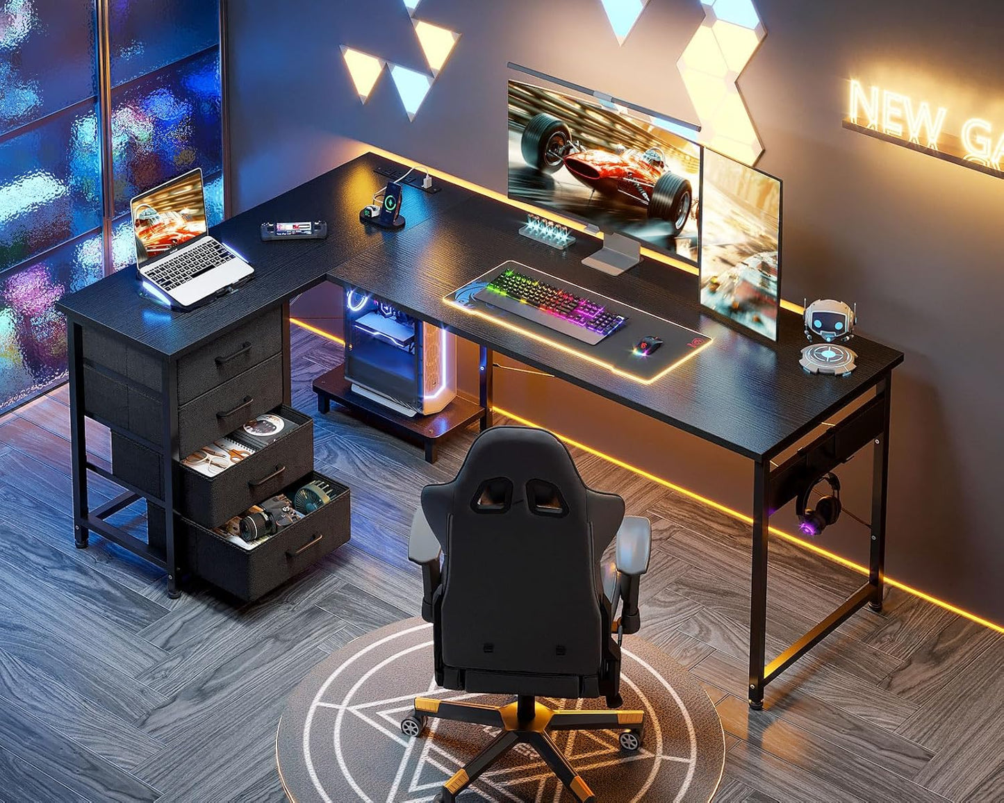 L Shaped Gaming Desk with 4 Drawers, 61" Reversible Home Office Desks with Power Outlets, L Shaped Computer Desk with USB Charging Port and Host Stand, Corner Desk, Easy to Assemble, Black