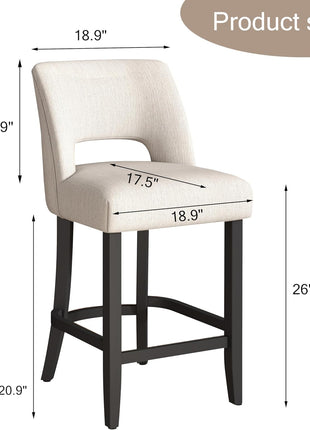 Set of 2 Modern Upholstered Counter Height Bar Stools, 26" with Black Legs, Beige Fabric for Kitchen Island and Dining Room