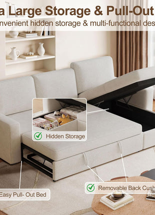 Elegant 81.5" Convertible L-Shaped Sleeper Sofa with Storage Chaise and Removable Cushions - Ideal for Compact Living Spaces, Chic Beige Chenille Fabric