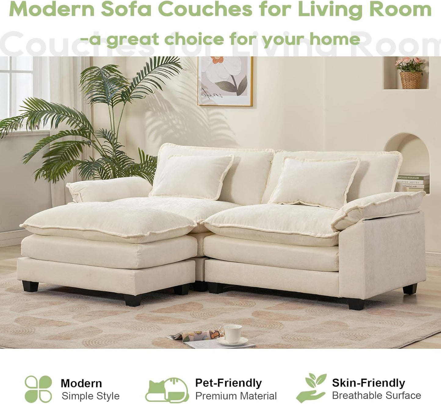 86" Modular Sectional Sofa, Comfy Cloud Couch Sectional Sofa with Ottoman, Chenille Sofa Sleeper Deep Seat Sofa with Throw Pillows for Living Room (Beige White, 86"- L Shape)