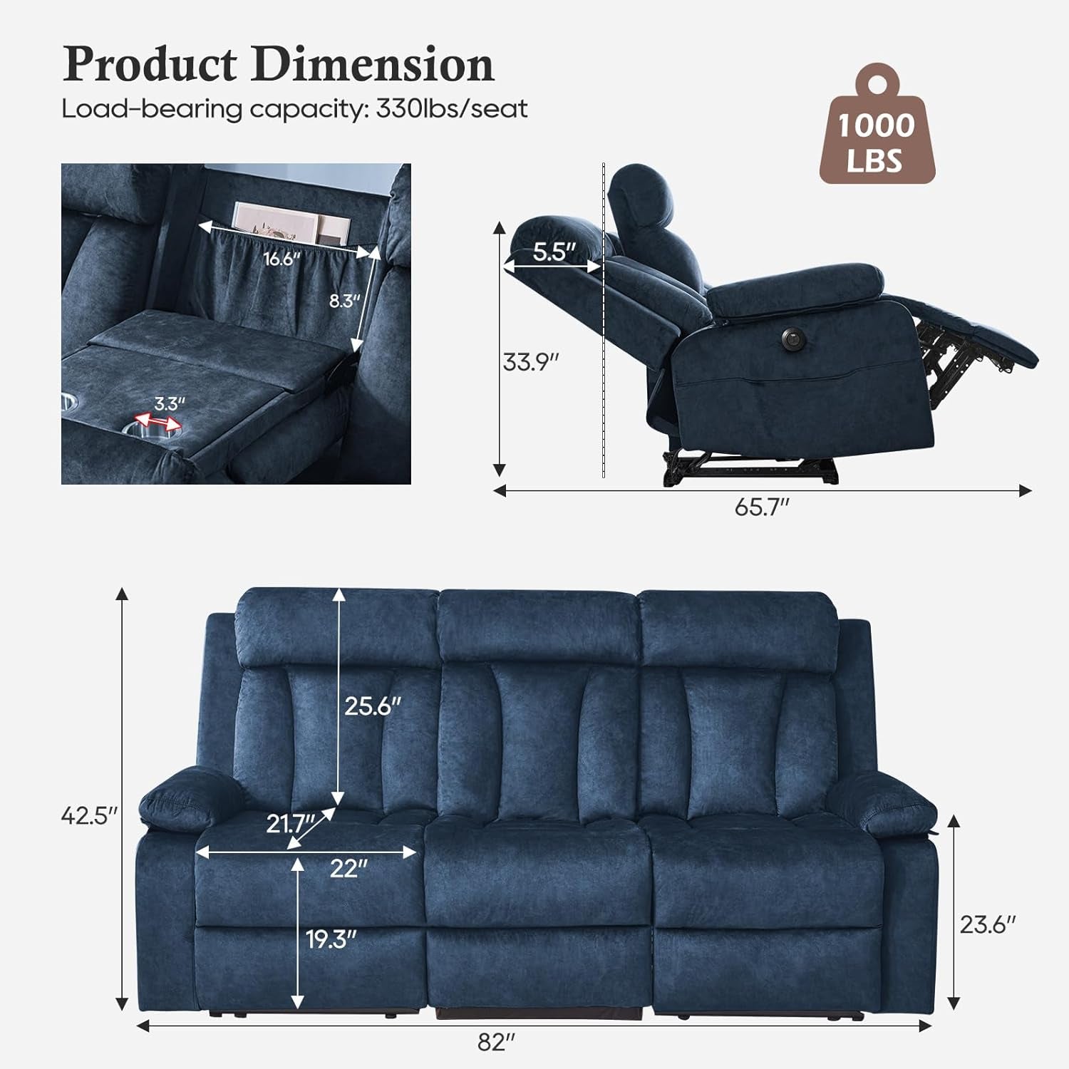 Power Recliner Sofa with Heat&Massage, Electric Reclining Couch with Multi-Function Console/Usb Ports/Type C, Wall Hugger 3 Seater-Sofa Recliner, Reclining Sofa Couch for Living Room