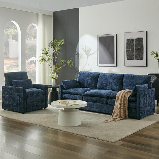 Living Room Furniture Set, Standard Sofa & Accent Chair, Modern Comfy Cloud Sofa Set, Spring Seat Cushions, Chenille Fabric, Blue | Ultra Soft Cushions, Dual-Layered Cushion, Pocket Spring, Cloud Comfort, Premium Chenille