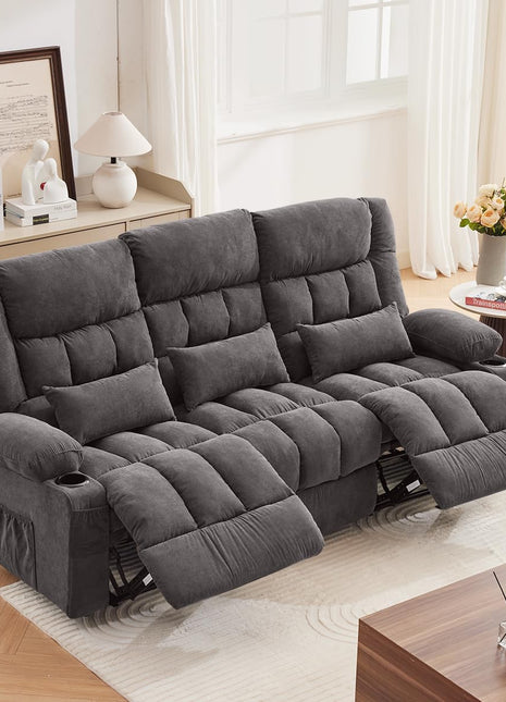 Oversized 3-Seat Manual Recliner Sofa with Cup Holders and Ergonomic Design for Living Room, Featuring Side Pocket for Adults