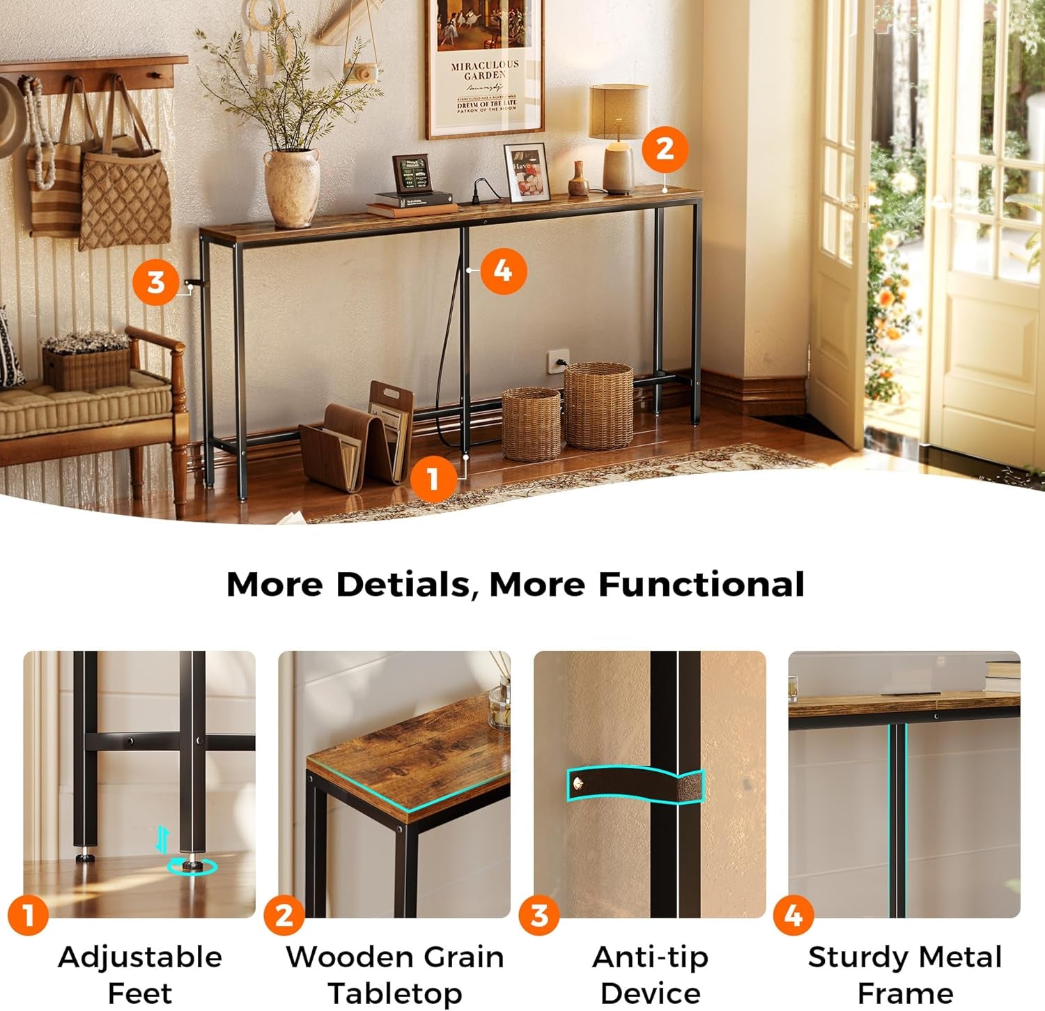 70 Inch Console Table with Outlet, Sofa Table with Charging Station, Narrow Entryway Table, Skinny Hallway Table, for Living Room, Rustic Brown