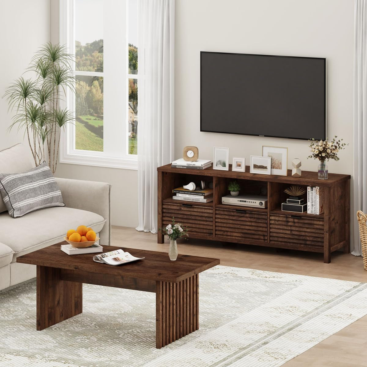 Coffee Table for Living Room, Farmhouse Wood Center Table, Rectangle Mid-Century Living Room Tables, Unique Fluted Panel Coffee Tables (Rustic Oak, 43Inch)