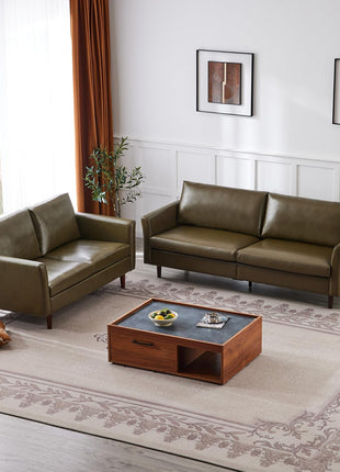 Mid-Century Modern Olive Green Faux Leather 3-Piece Sofa Set with Rolled Arms and Deep Seats, Ideal for Living Rooms and Apartments, Easy Assembly