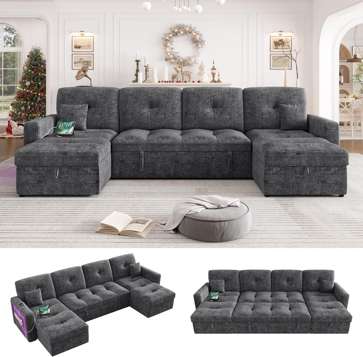 107'' LED Sectional Sleeper Sofa with Pull Out Couch Bed, Convertible U Shaped Couch with Storage Chaise, Adjustable Backrest & USB, Modern Chenille Home Sofa Living Room Furniture Set, Grey