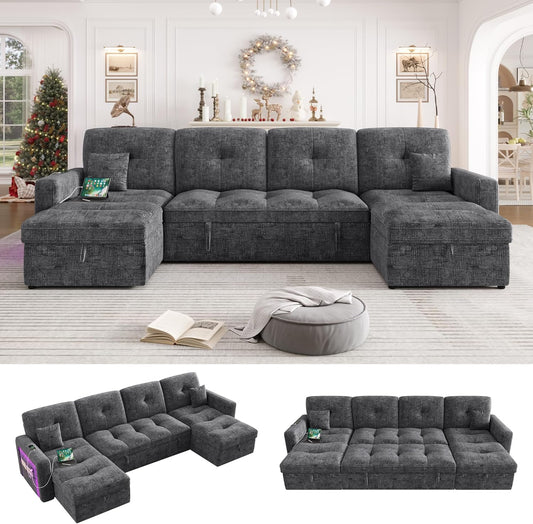 107'' LED Sectional Sleeper Sofa with Pull Out Couch Bed, Convertible U Shaped Couch with Storage Chaise, Adjustable Backrest & USB, Modern Chenille Home Sofa Living Room Furniture Set, Grey