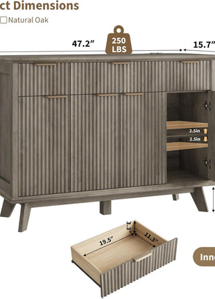 Contemporary Fluted Sideboard Buffet Cabinet with Integrated Charging Station, 47.2" Kitchen Storage Solution Featuring Drawers and Adjustable Shelves, Perfect for Dining and Living Rooms, Grey Finish