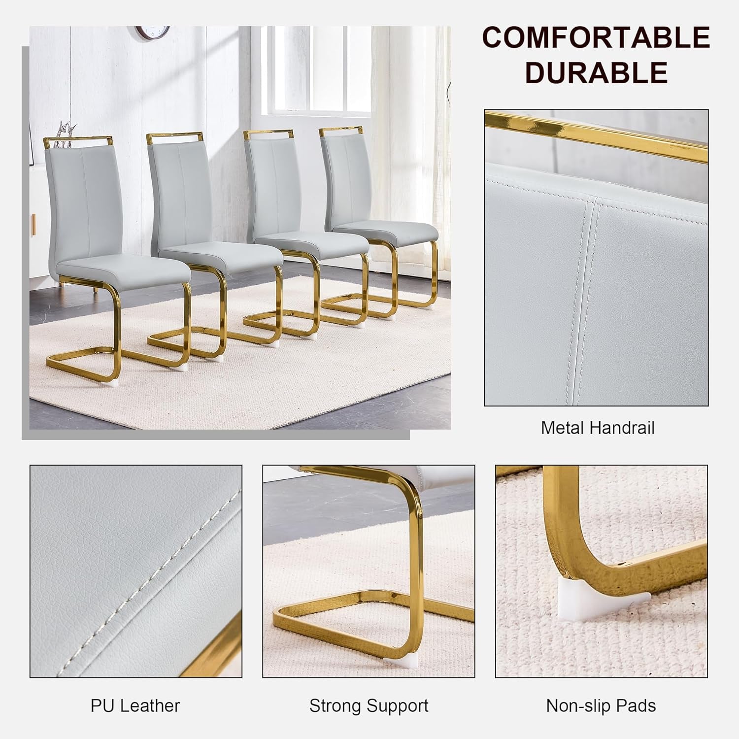 Modern Leather Dining Chairs Set of 4,Armless Kitchen Chairs,Dining Room Chairs with Upholstered Padded Seat and Sturdy Gold Legs for Dining Room,Kitchen (Set of 4, Light Grey-Gold Leg)