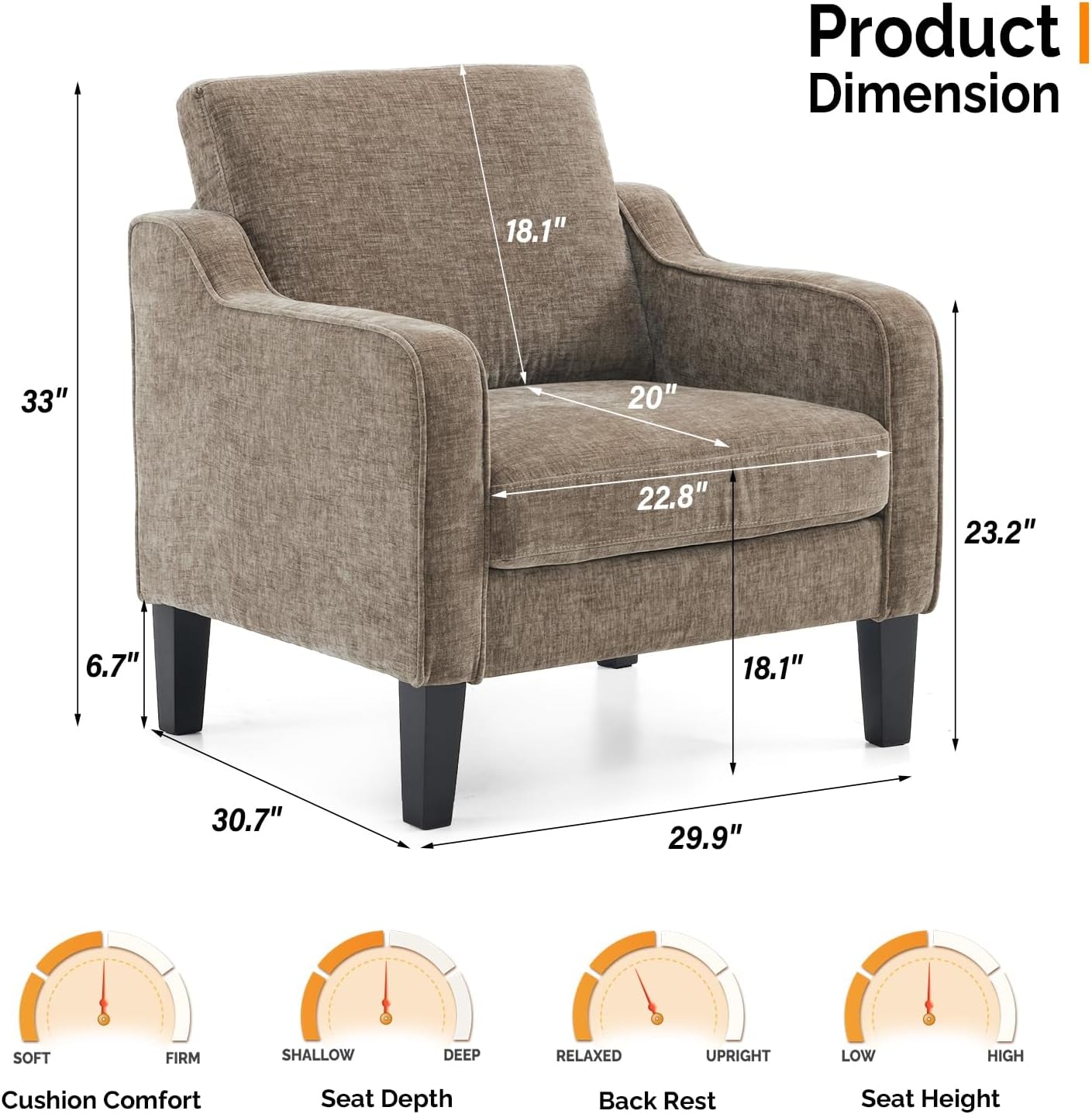 Accent Chair for Living Room Chairs Light Brown Reading Chair for Bedroom Scooped Arm Chair Mid Century Modern Accent Chairs Upholstered Comfy Chair for Apartment, Waiting Room